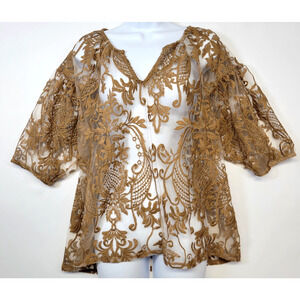 Cupio Top Womens L Brown Embroidered Lace Sheer Balloon Sleeve Victorian Fairy